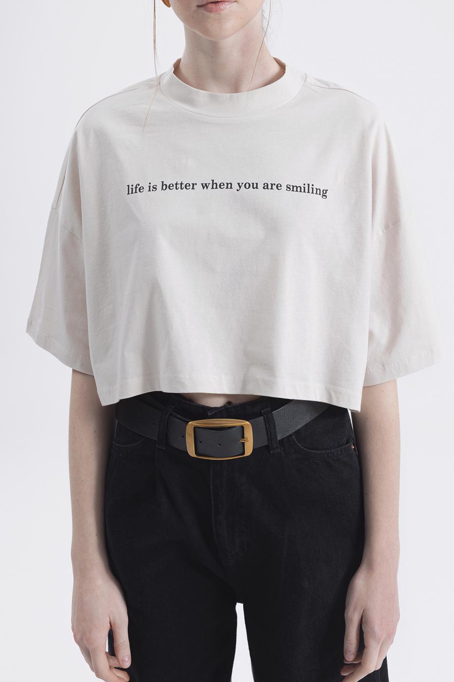 Bayan Krem Baskılı Crop tshirt